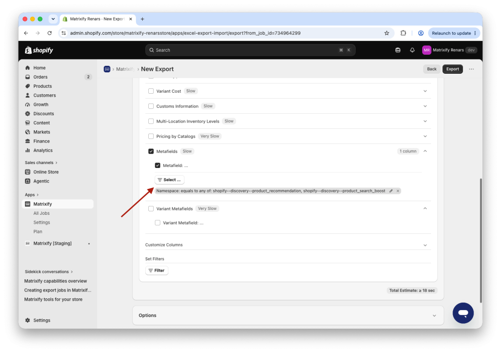 3. Shopify products export, only search & discovery metafields selected