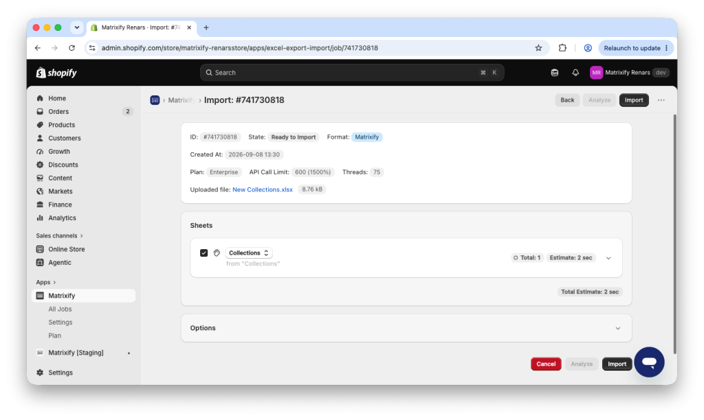 2. Shopify Collections import with Matrixify app from Excel file