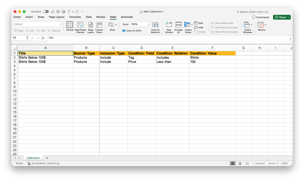 1. create spreadsheet import Shopify complex source condition Collections with Matrixify 