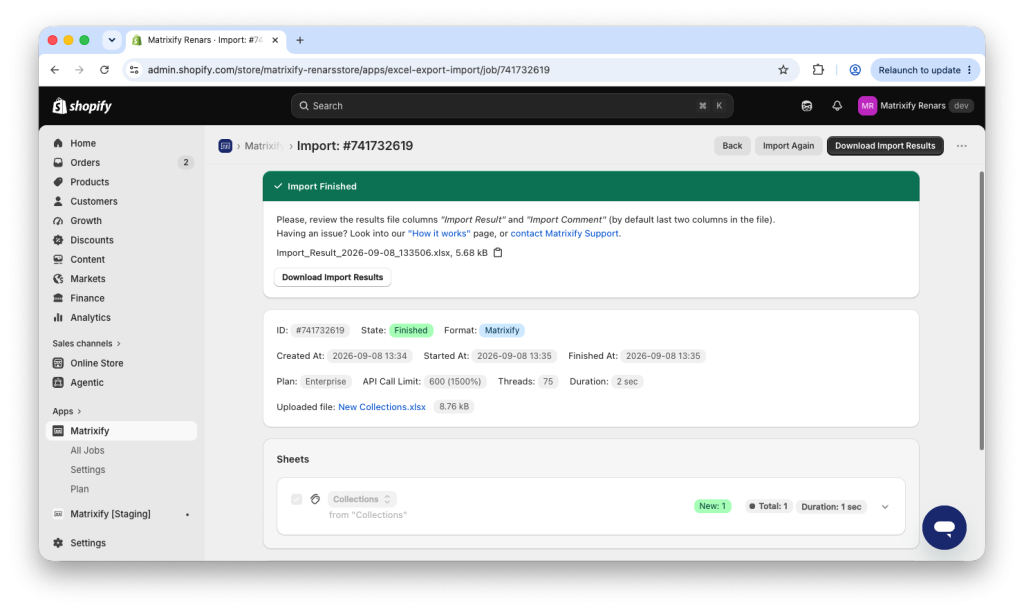 3. Imp[ort job finsihed succesfully created new Shopify Collections