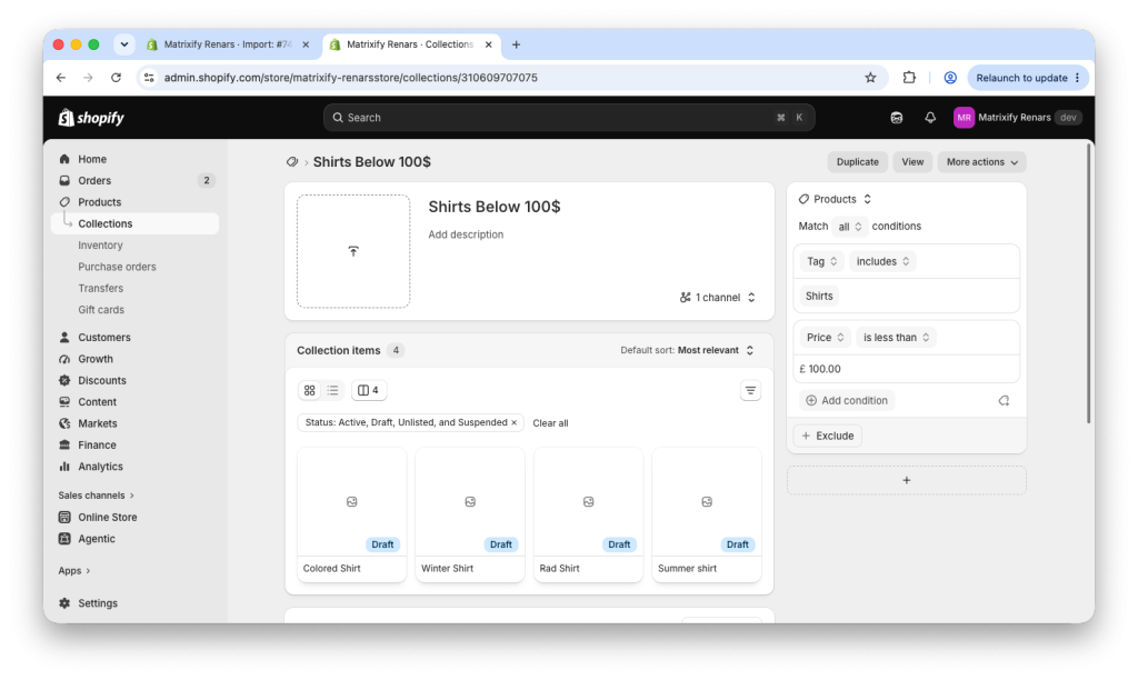 4. Shopify collection , created with simplified Matrixifyapp import