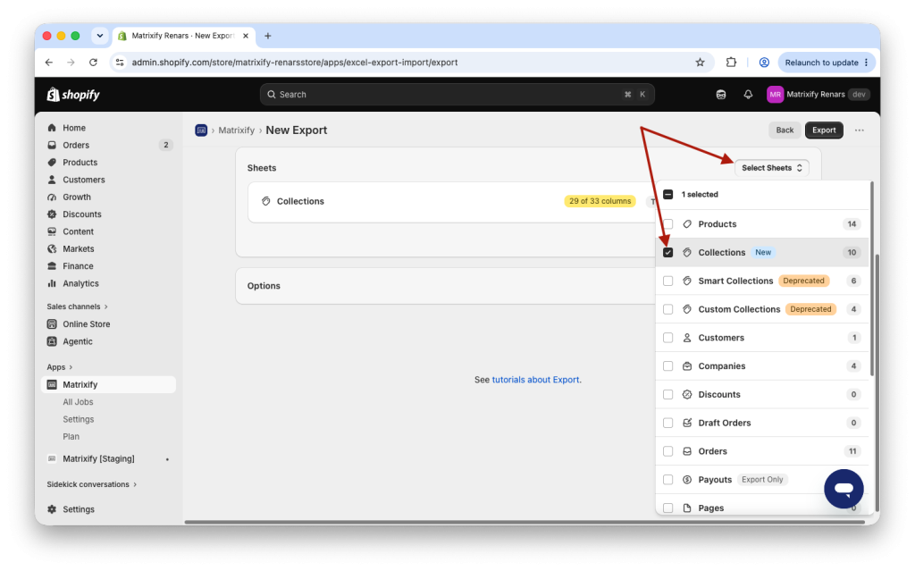 Export Shopify Collections with Matrixify