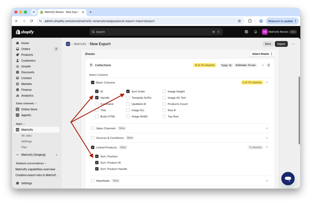 Export specific fields for Shopify Collection Product sorting