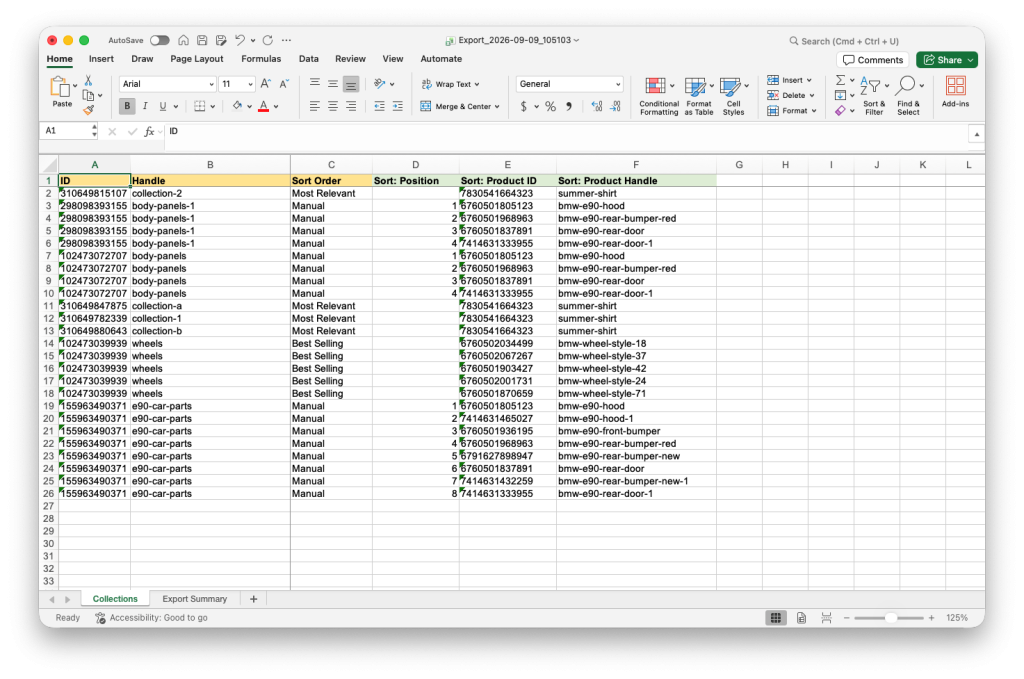 Matrixify app exported preadsheet with Shopify Collection Product sorting