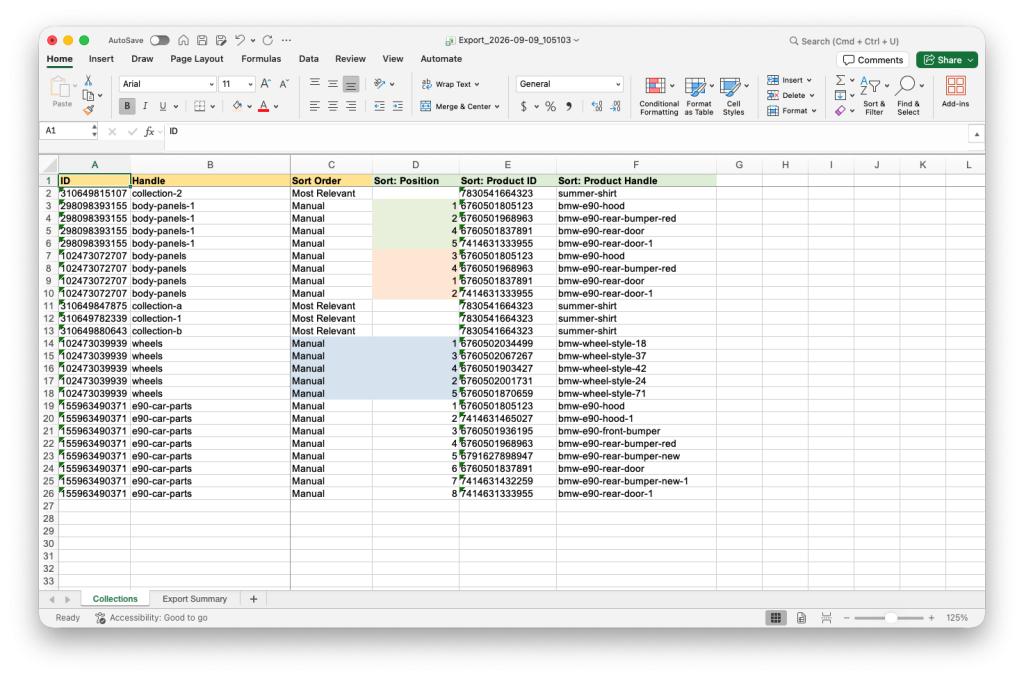 Spreadsheet file to bulk update Shopify Collection Product positions