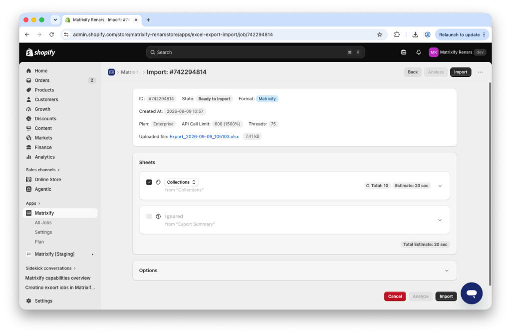 Matrixify app Import with Shopify Collections data