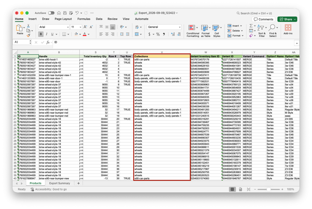 Matrixify app generated Excel spreadsheet file with Products and their Collections