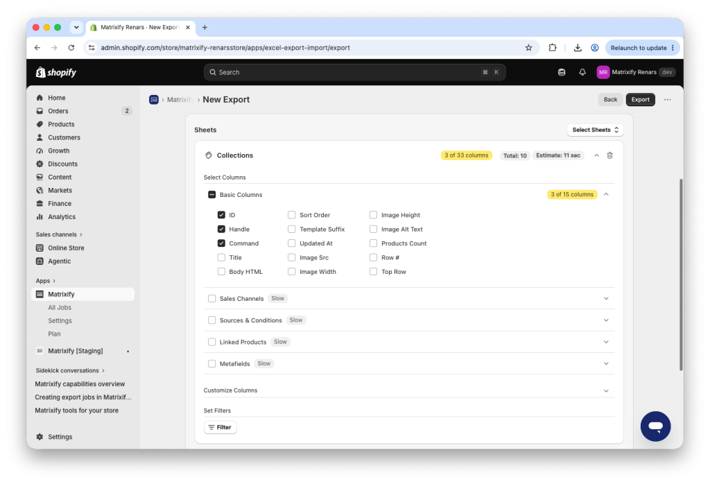 Export Shopify collection to spreadsheet with specific columns