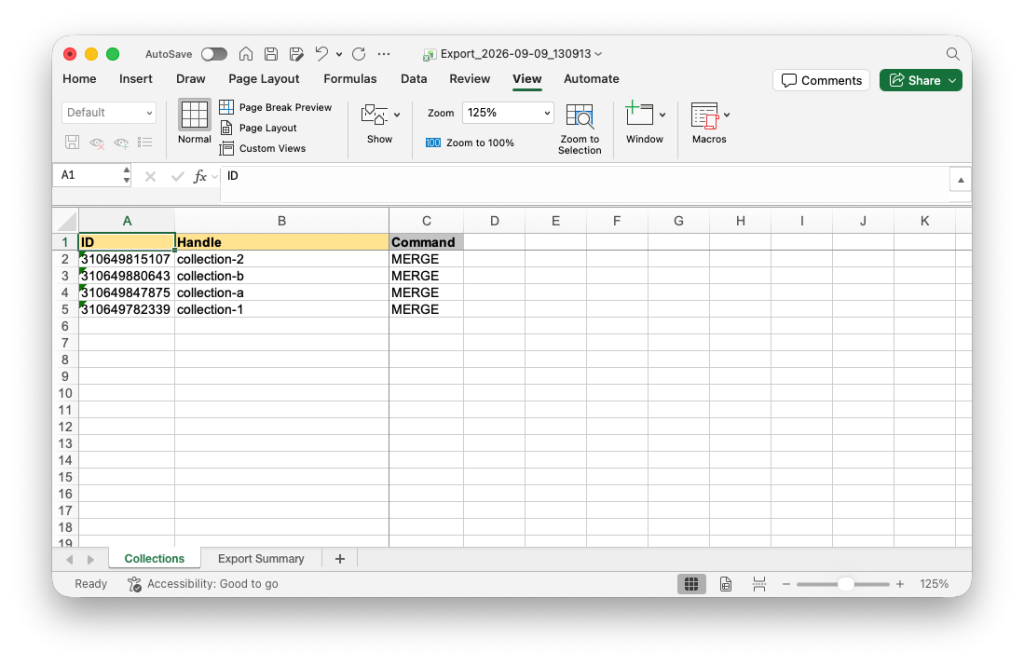 Matrixify app exported specific Shopify Collection fields