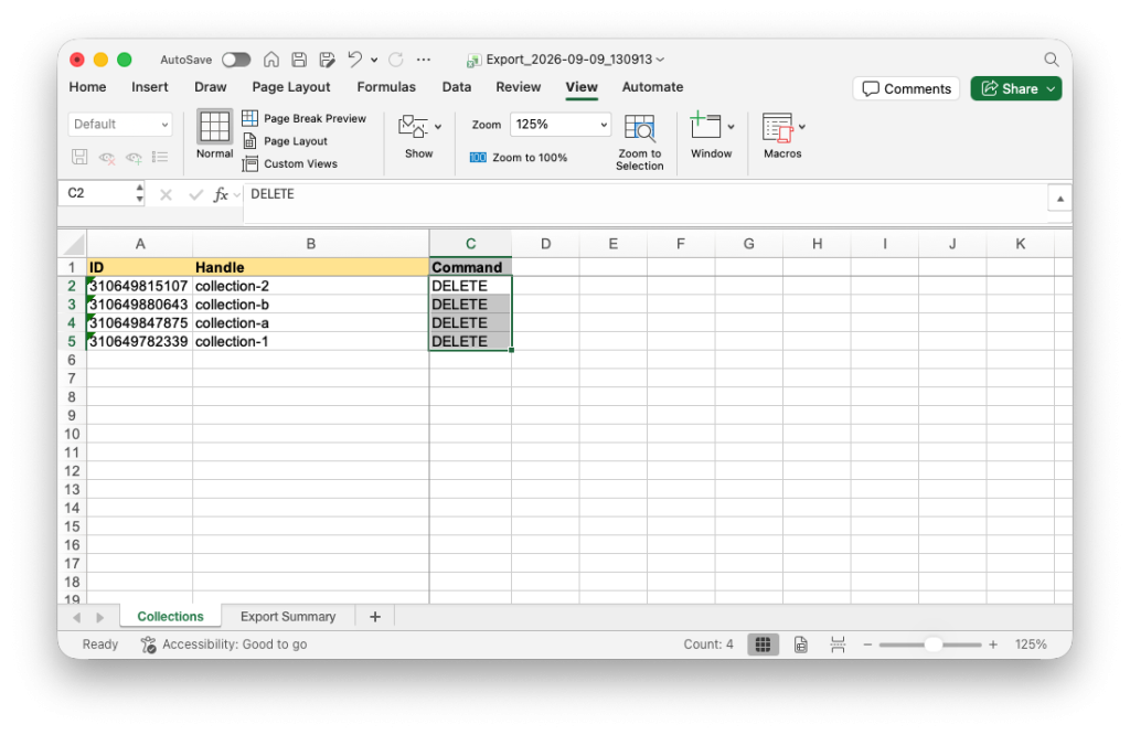 Simple spreadsheet file to bulk delete Shopify Collections