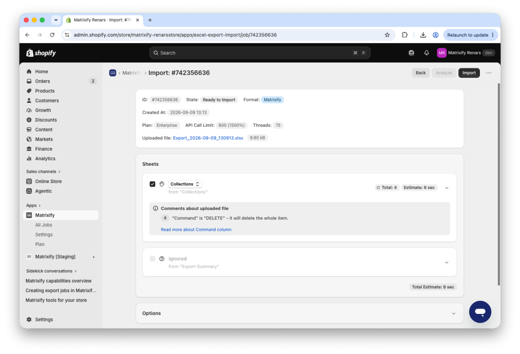 Matrixify app Collections import job