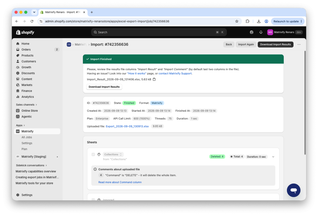 Matrixify Import job to bulk delete Shopify Collections