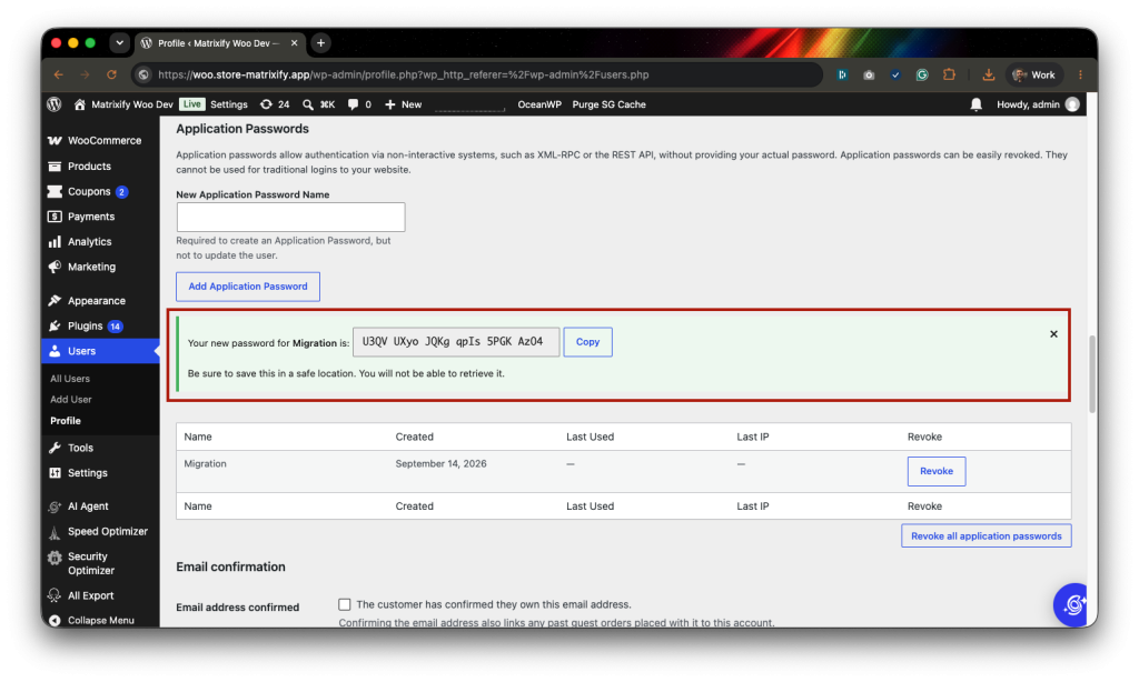 2 - generated App Password in WordPress admin user