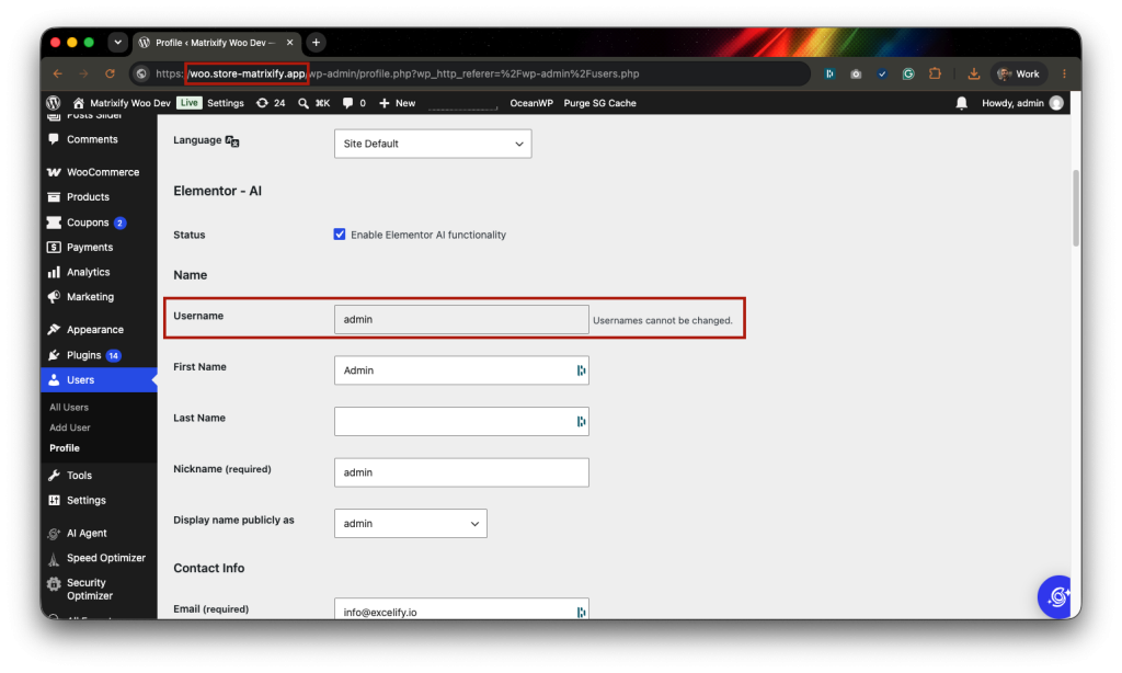 3 - WordPress username and server locations in WP Admin
