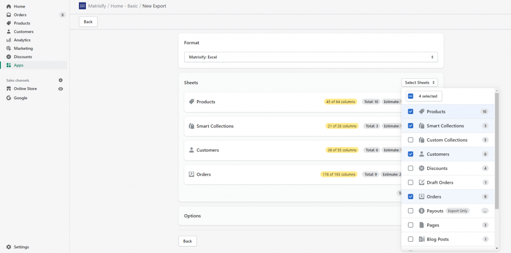Select entities and sheets to export - Matrixify Shopify bulk data