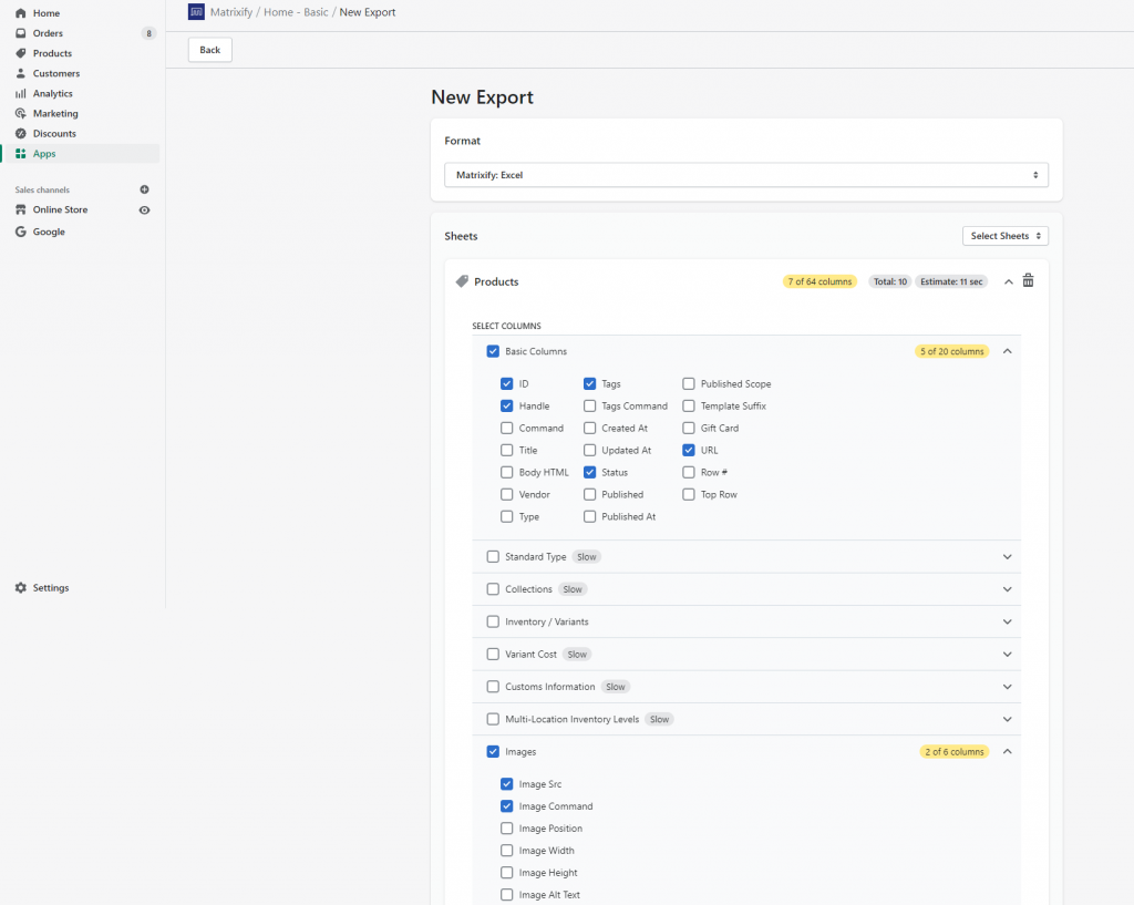 Select individual columns and fields to export - Matrixify Shopify bulk data