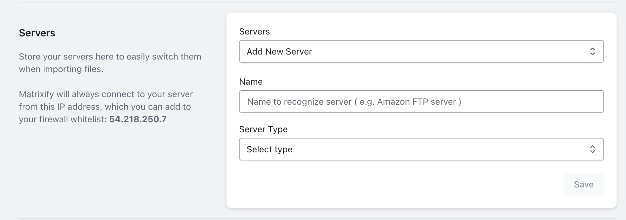 Server set up section in Matrixify app