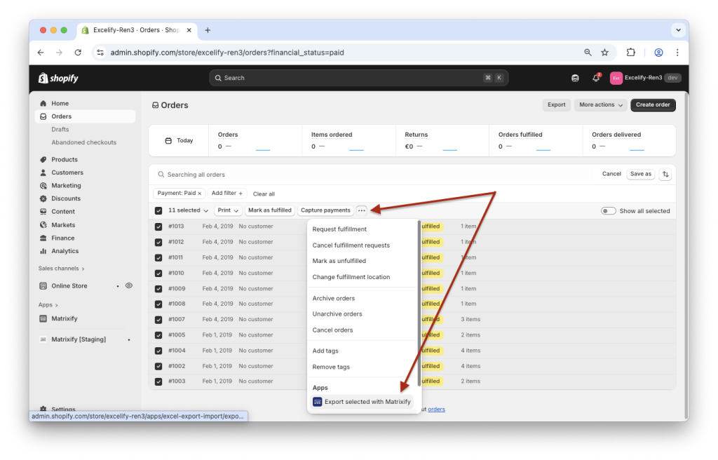 Shopify Admin filters - item selection export selected with Matrixify