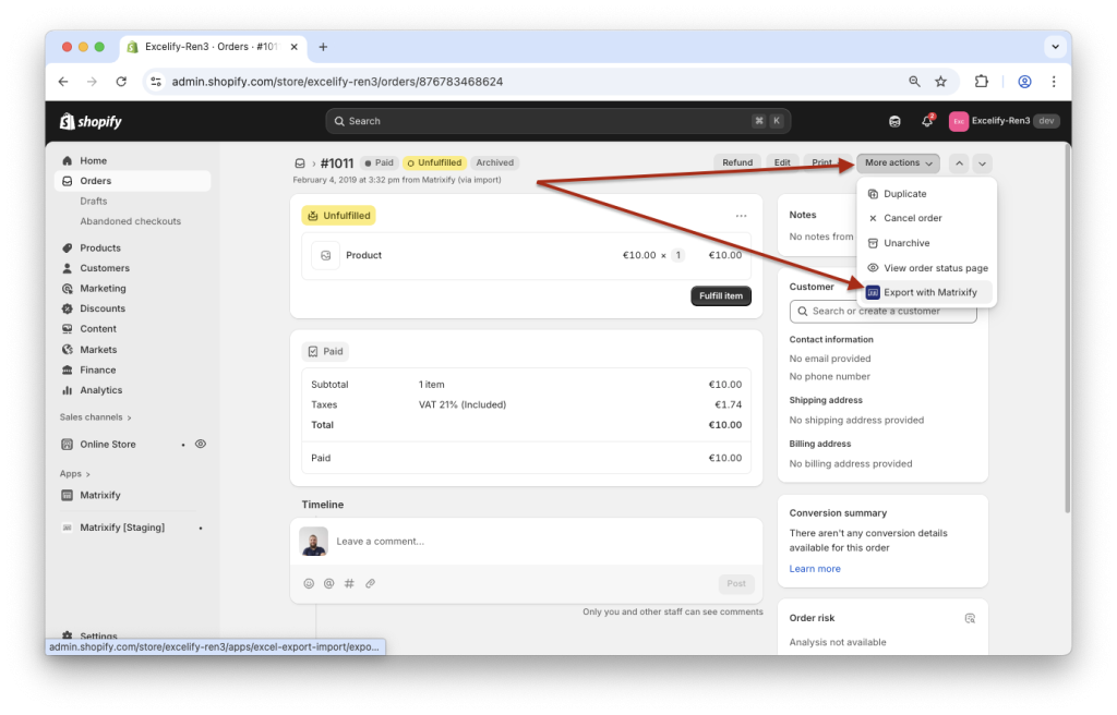 Shopify Admin open specific item More Actions - Export with Matrixify