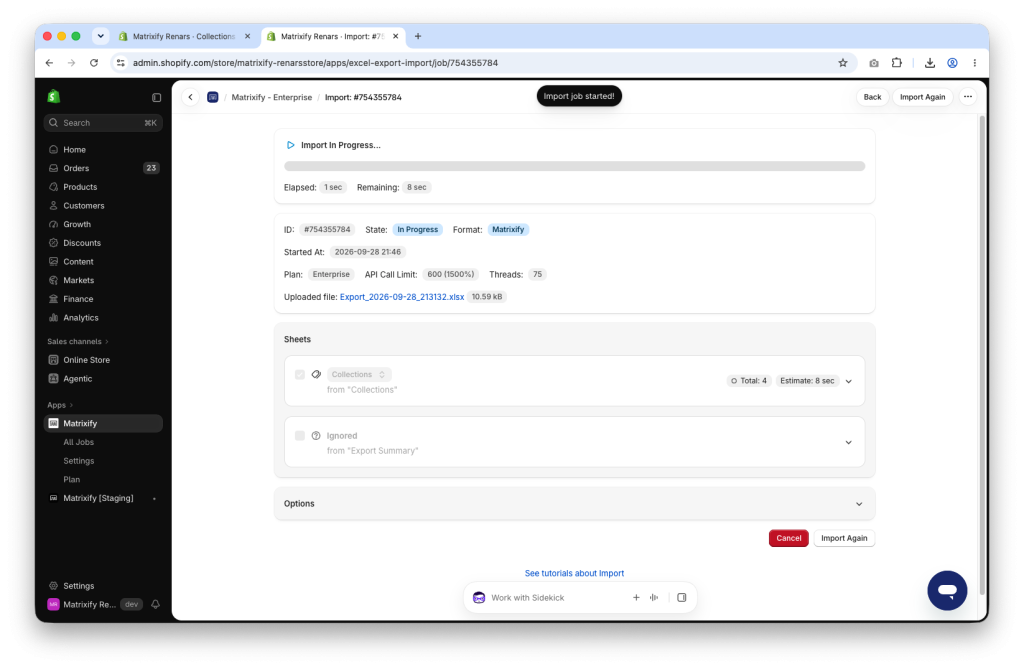 Shopify Collections import with the Matrixify app from an Excel file