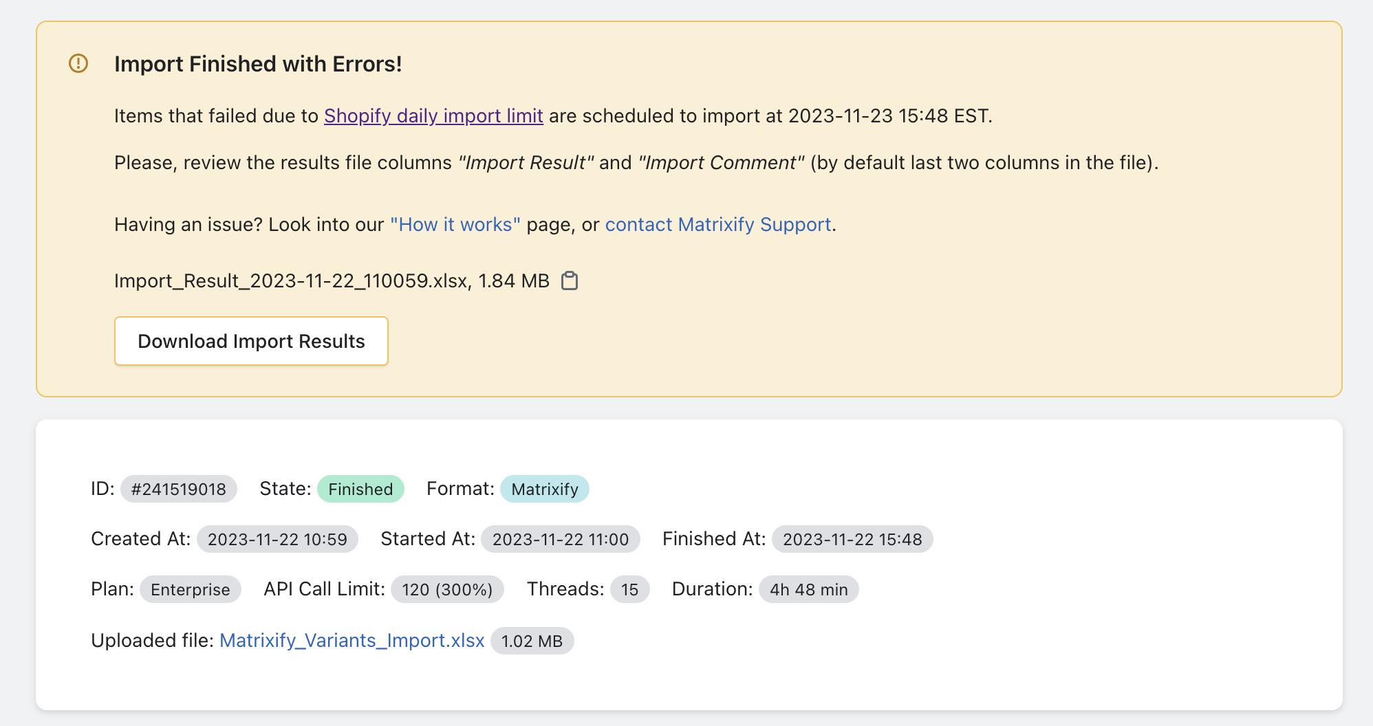 Shopify Daily Import limit Failed Import