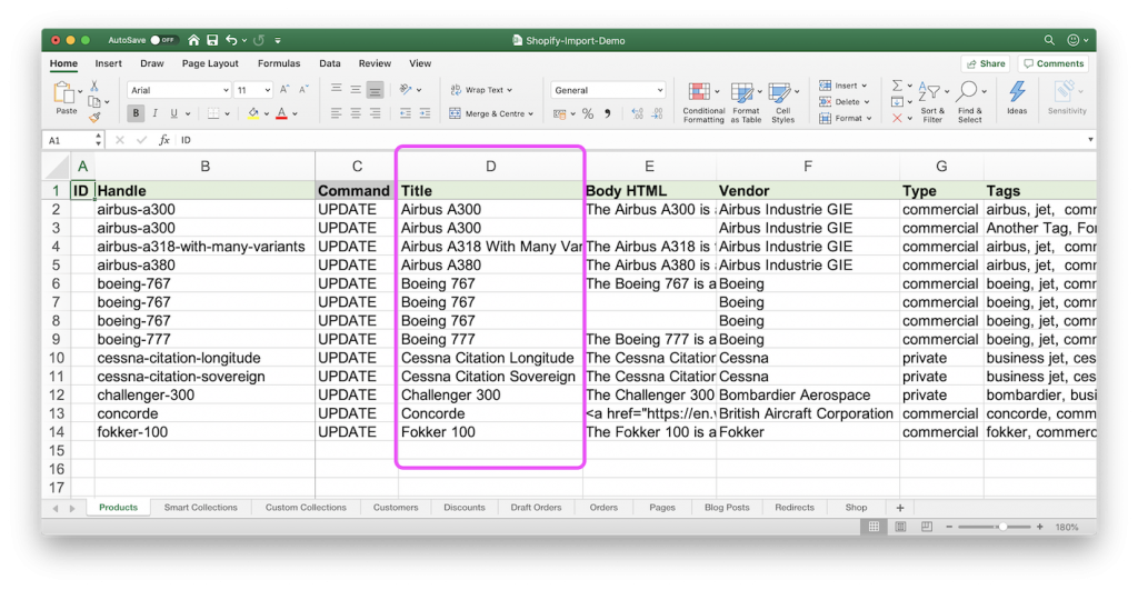 Shopify Excel file columns