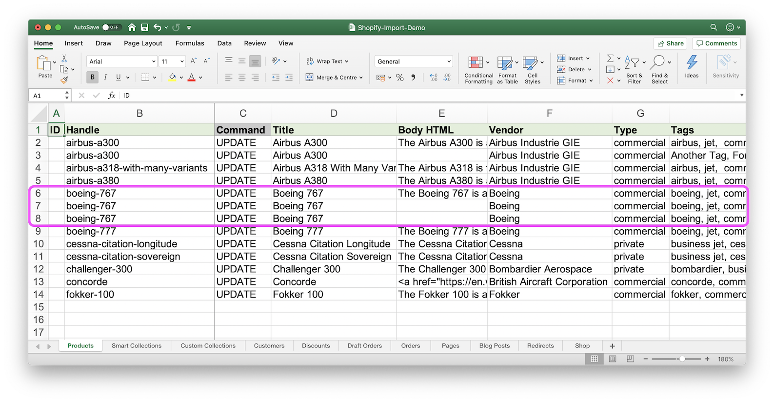 Shopify Excel file rows