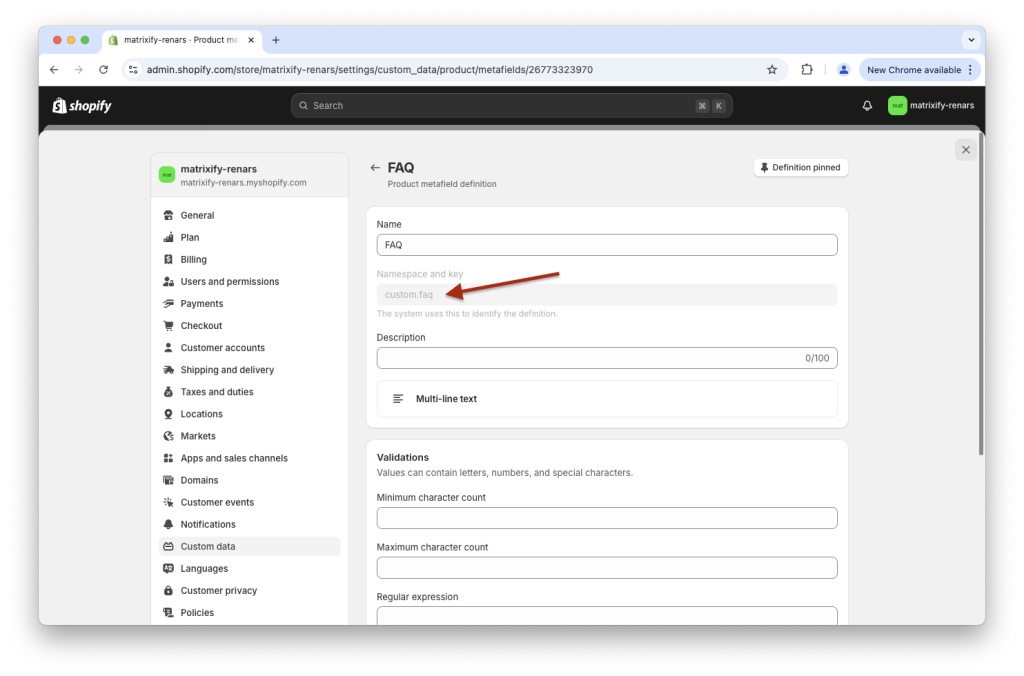 Shopify Metafield definition namespace and key - bulk export MEtafield values Matrixify app Excel CSV