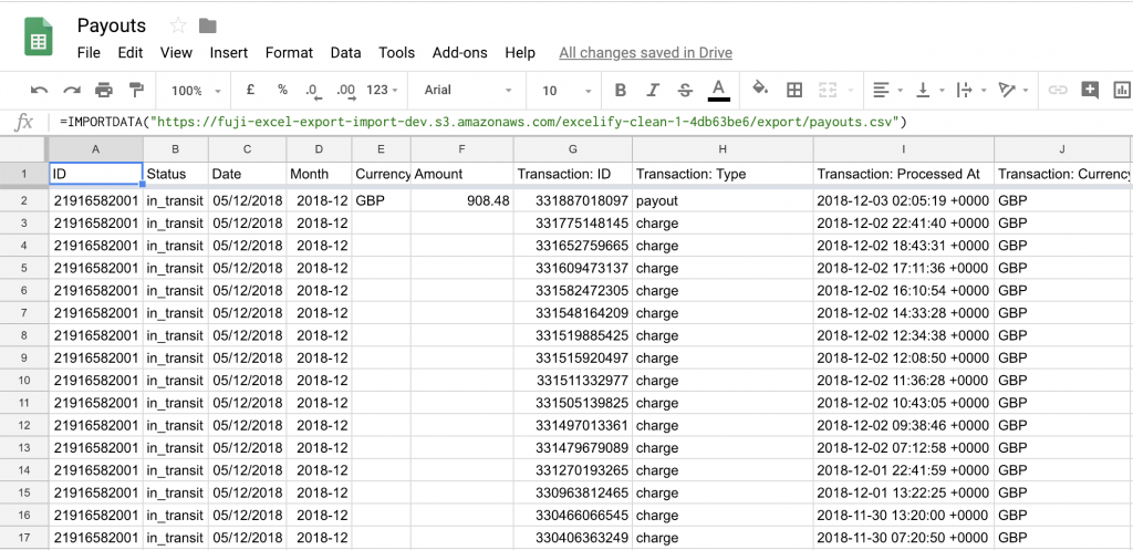 Shopify Payouts exported to Google Sheets