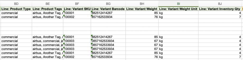 Shopify exported additional product columns for Orders and Draft Orders