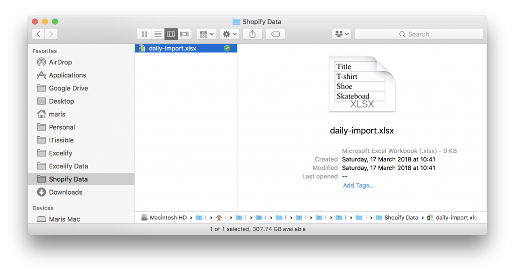 Shopify import file saved to Dropbox