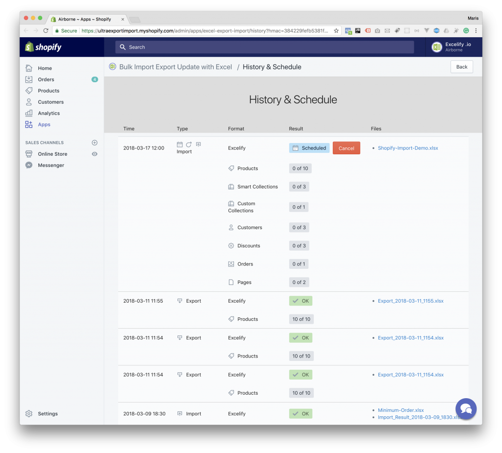 Shopify schedule and repeat history and cancel