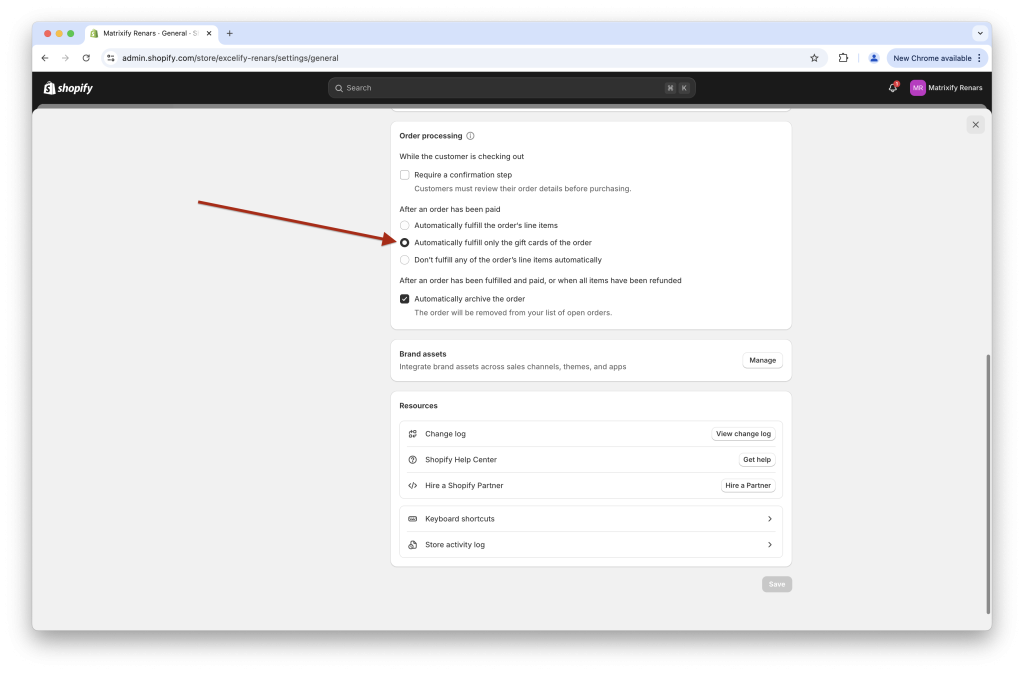 Shopify settings fulfill gift cards - bulk import gift cards Matrixify app