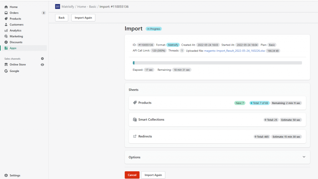 Start import Magento migration shopify csv excel Excelify