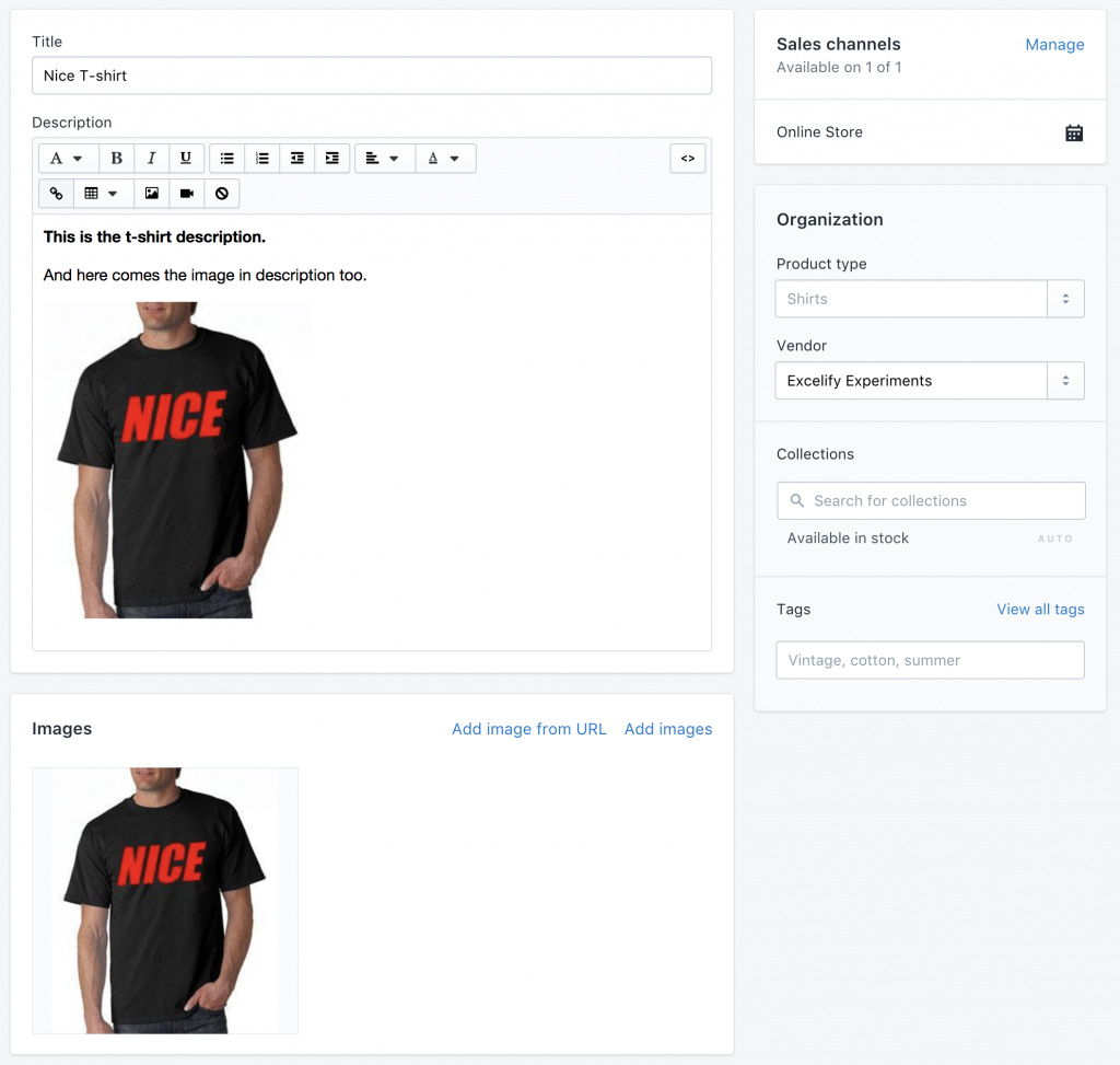 The same image appearing in Shopify images and in the Body HTML description