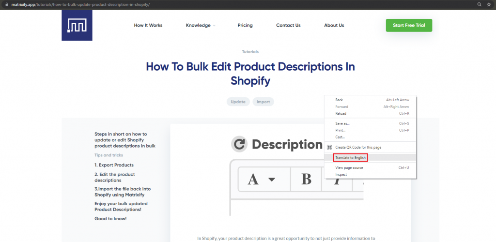Translate Matrixify website in Google Chrome 1