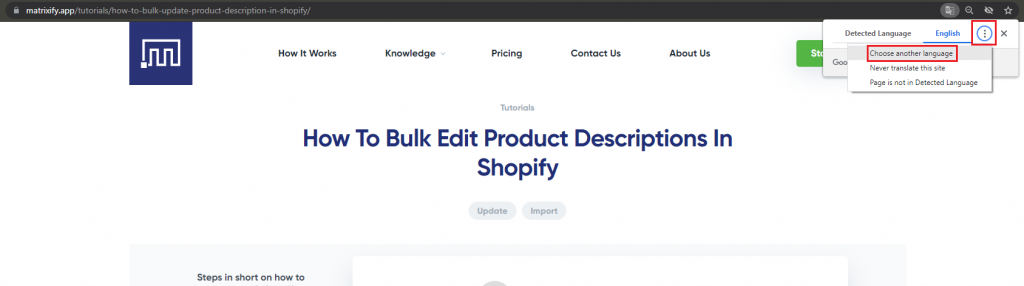 Translate Matrixify website in Google Chrome 2