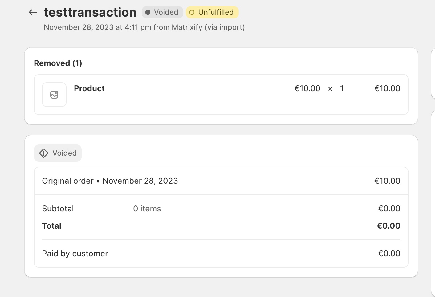 Voided Transaction Order which was Voided by Matrixify