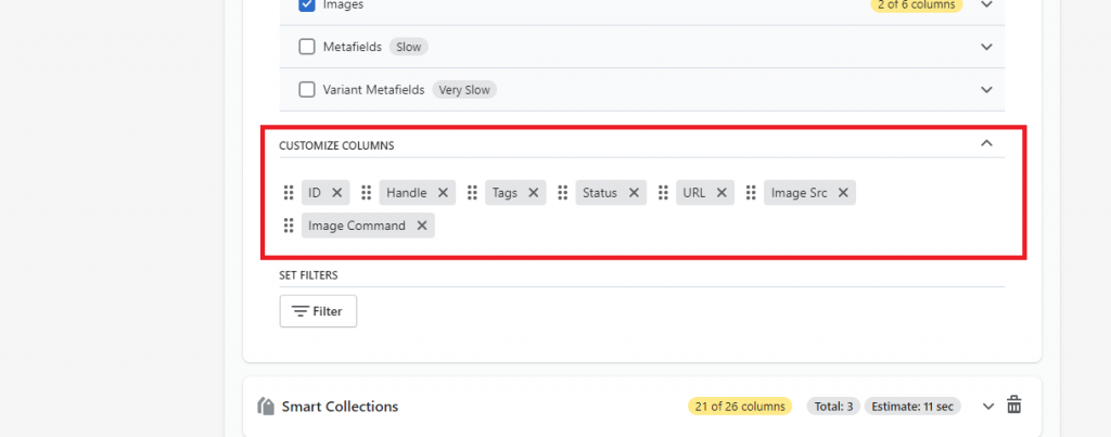customize export columns - Matrixify Shopify bulk data