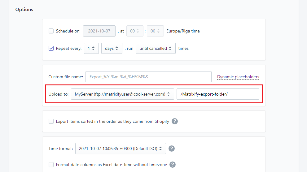 export Shopify data to FTP server automatically Matrixify Excel XLSX CSV 2