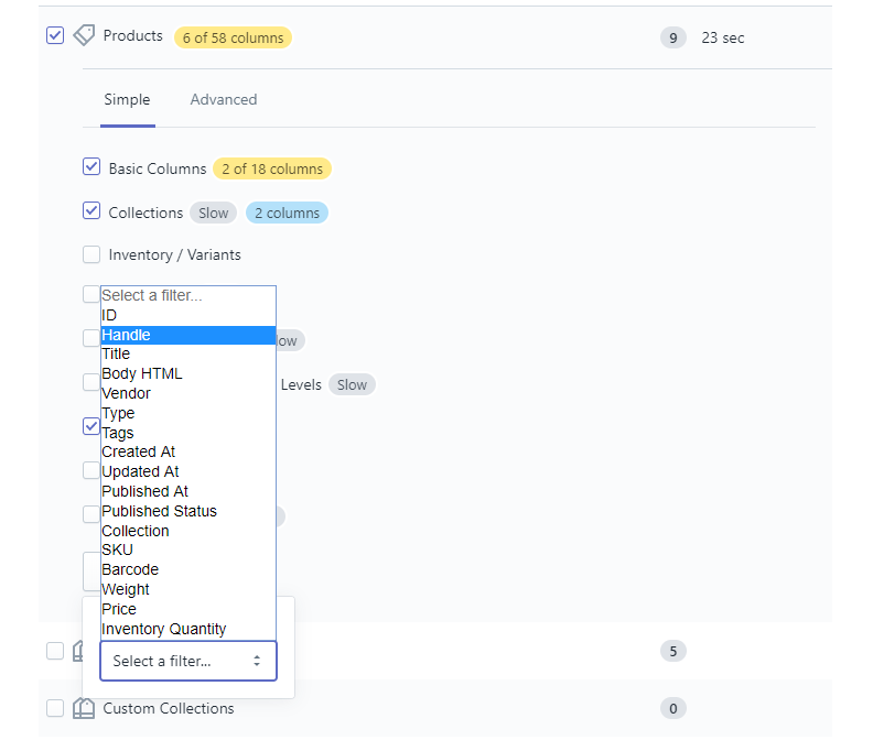 export specific field apply filters shopify products export excelify excel csv