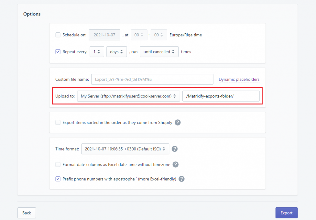 export to sftp server from Shopify data Matrixify Excel CSV