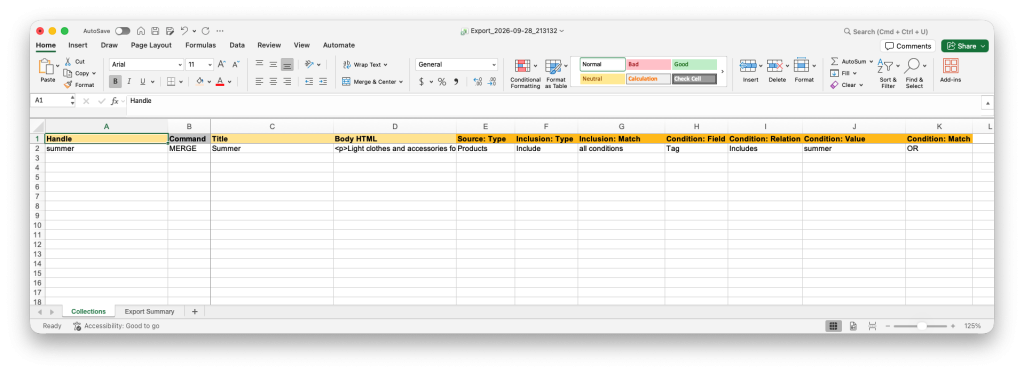 Exported Shopify Collection by Product Tag in Excel with Matrixify Sources and Conditions columns