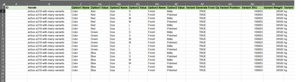 generated variants from semicolon splt options Shopify products import csv excel excelify