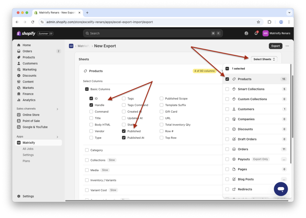 Export published status and date for Shopify Products in bulk