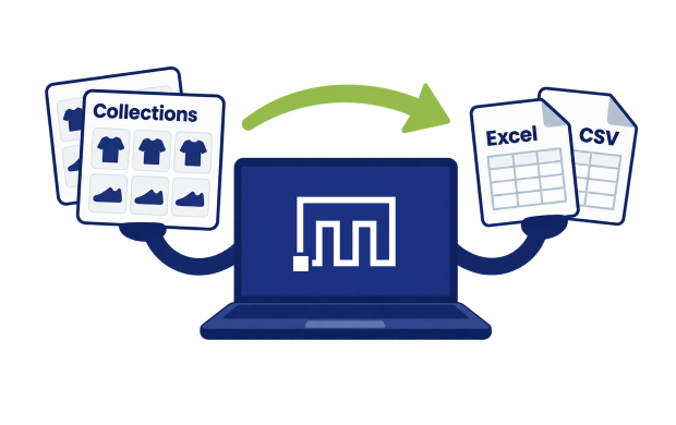 Matrixify computer with arms exporting Shopify collection cards to Excel or CSV files.