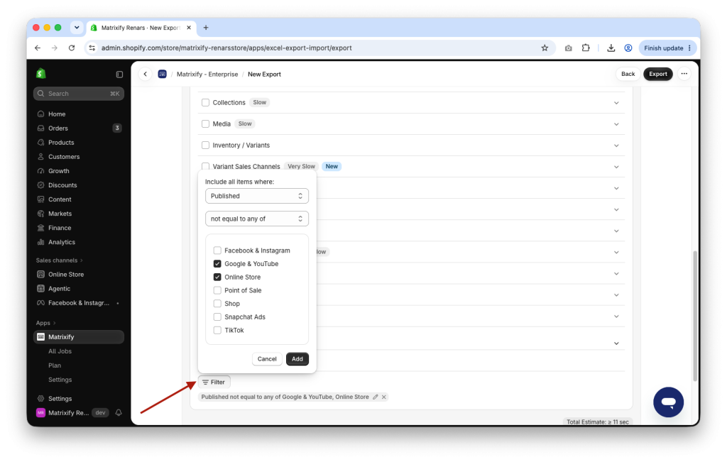 Matrixify Export filter for Shopify Products not published on the Online Store