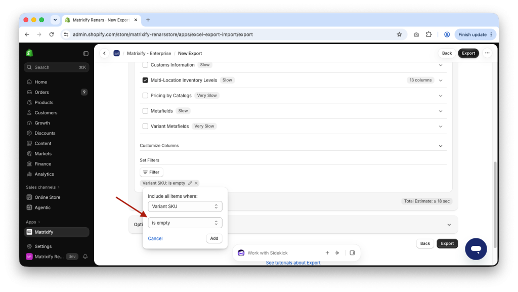 Matrixify export filter Variant SKU is empty to export Shopify Products without SKU