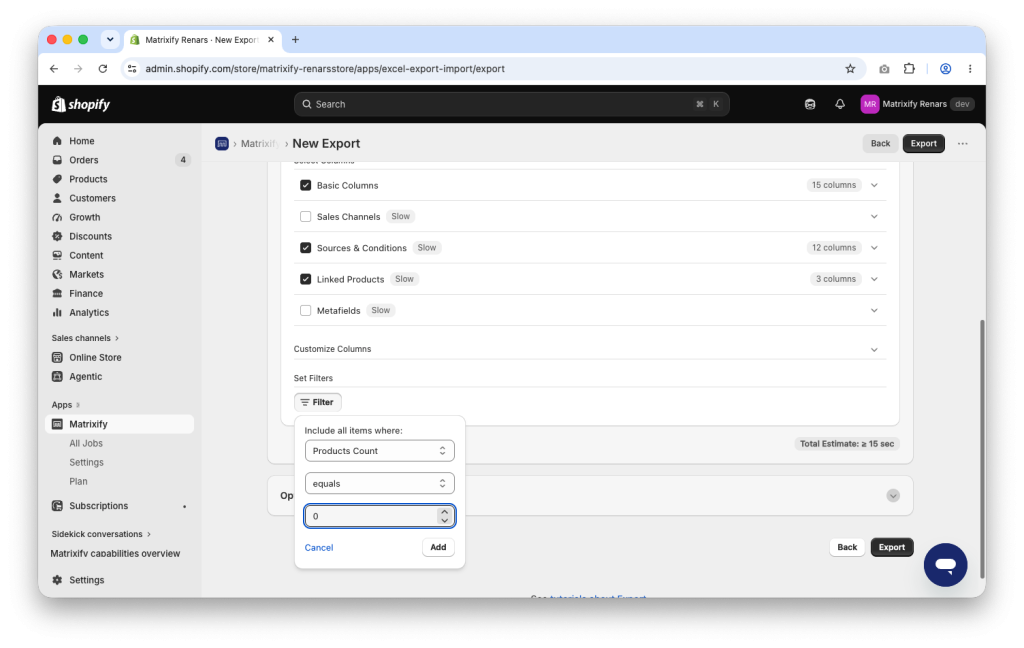 Matrixify export filter for Shopify Collections with Products Count equals 0 to export empty Collections