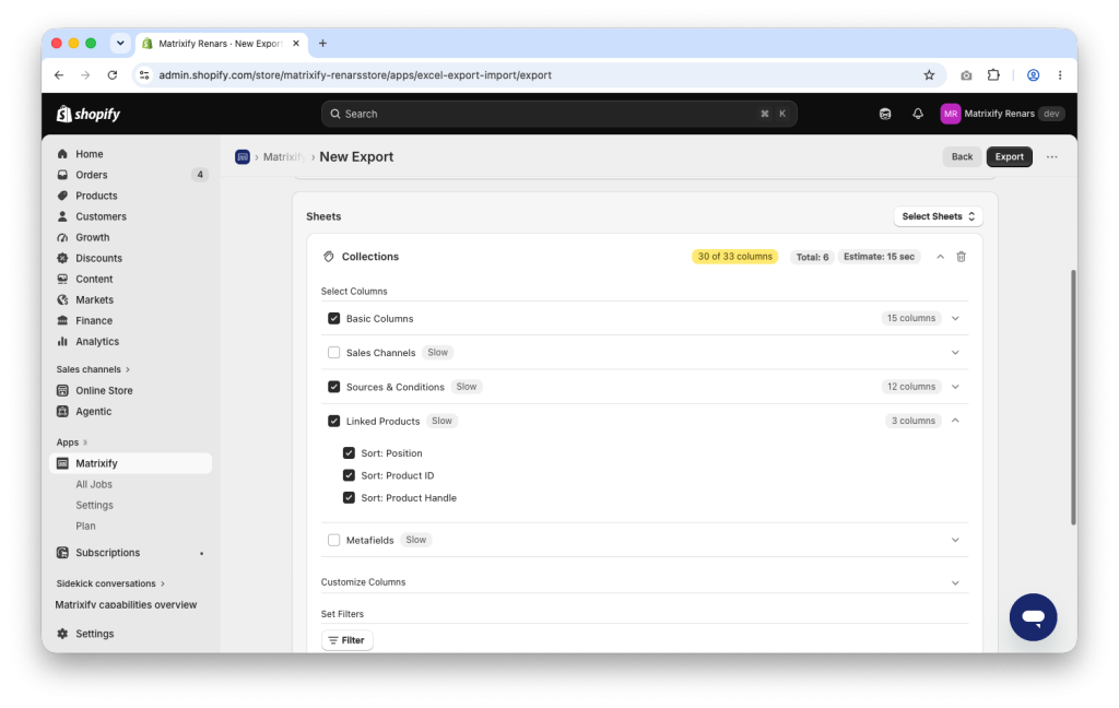 Matrixify Collections export with Basic Columns, Sources and Conditions and Linked Products column groups selected